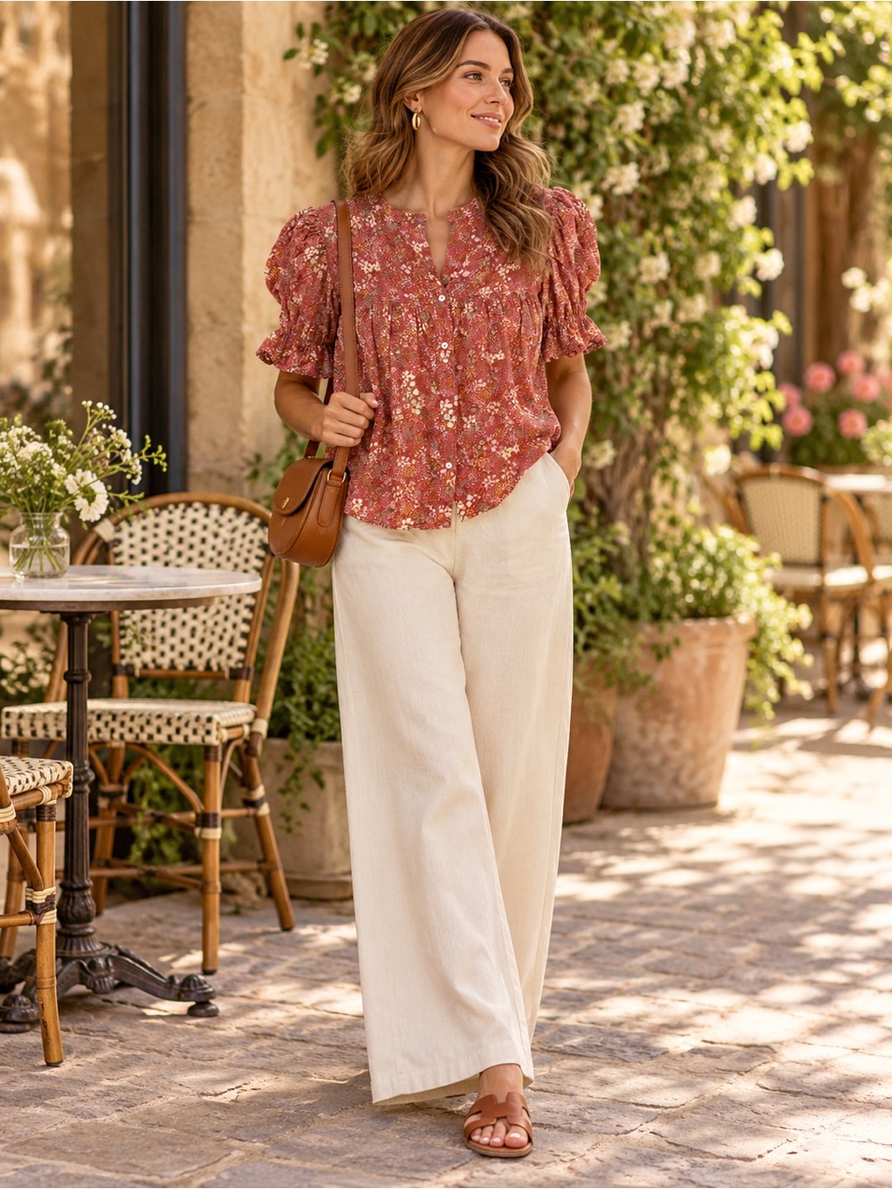 Rose & Olive Rust Floral Puff-Sleeve Top